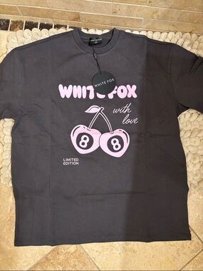 Oversize charcoal white fox Graphic Tee with Pink Cherry Print